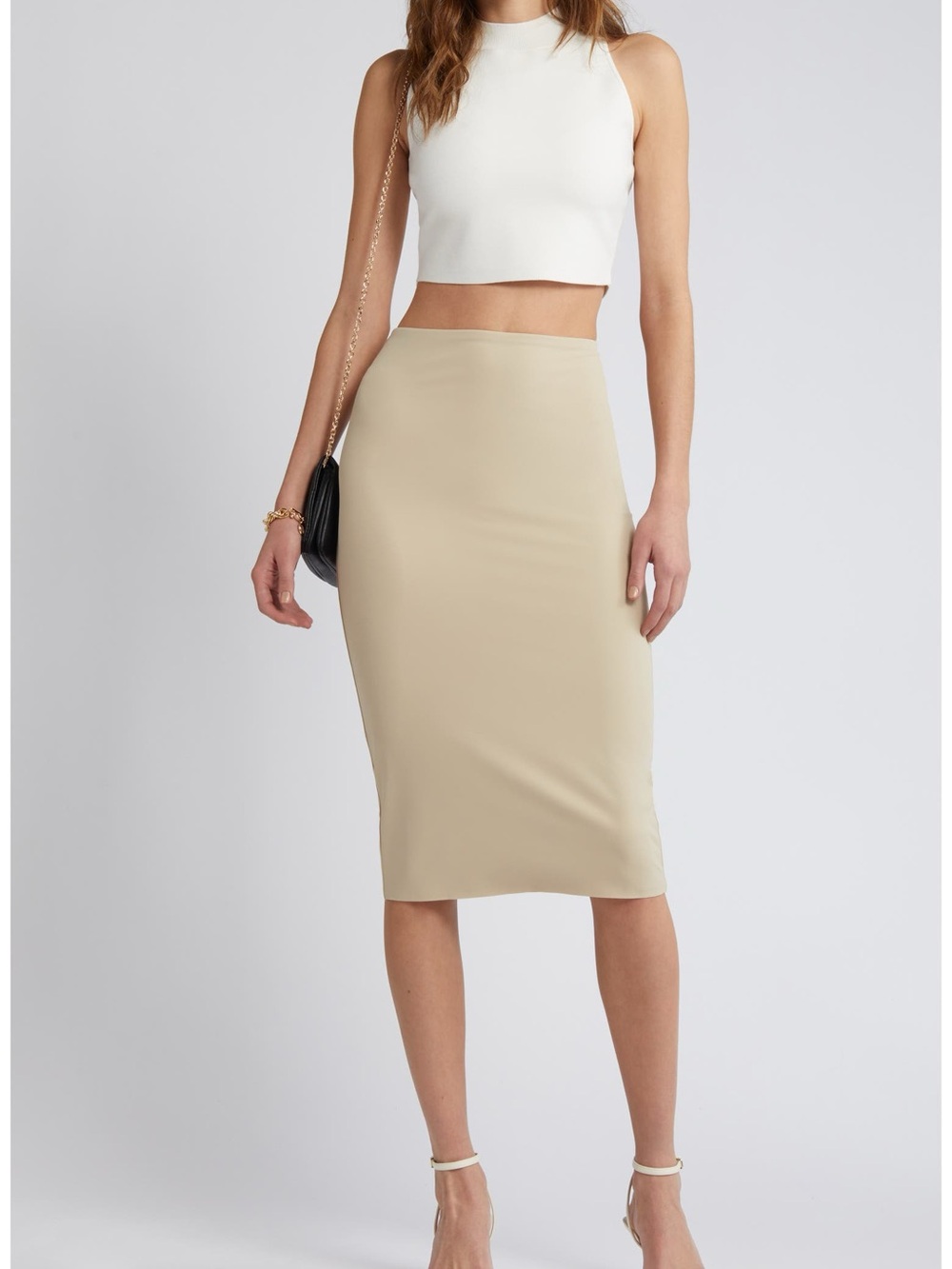 Sz S - NWT! Open Edit Smooth Edit High-Waist Tan Oxford Midi Pencil Skirt